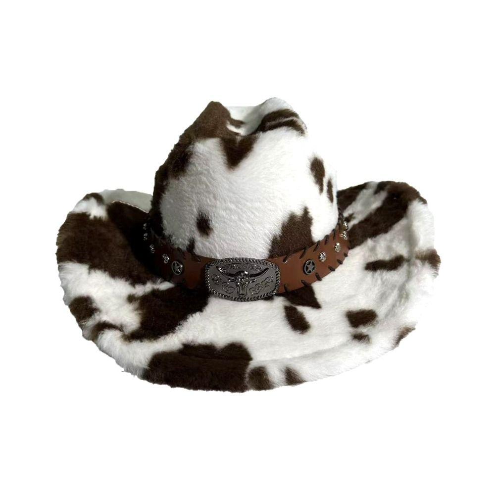 Wide Brim Cow Print Hat Leather Strap Western Cowboy Hat Retro Plush Cowboy Hat Outdoor Travel