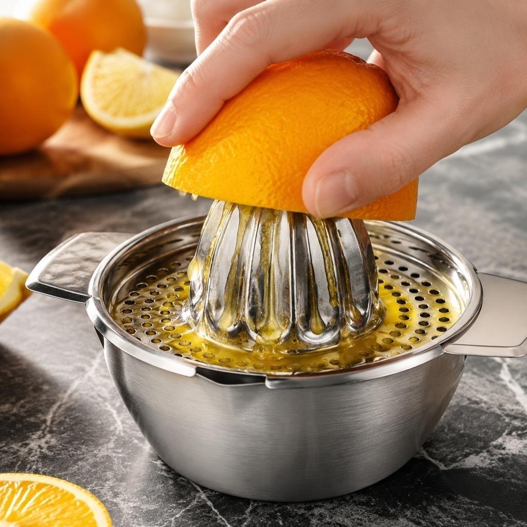 Manual Citrus Juicer Stainless Steel Handheld Lemon Orange Juicer Portable Fruit Squeezer Kitchen Tool with Handle and Strainer