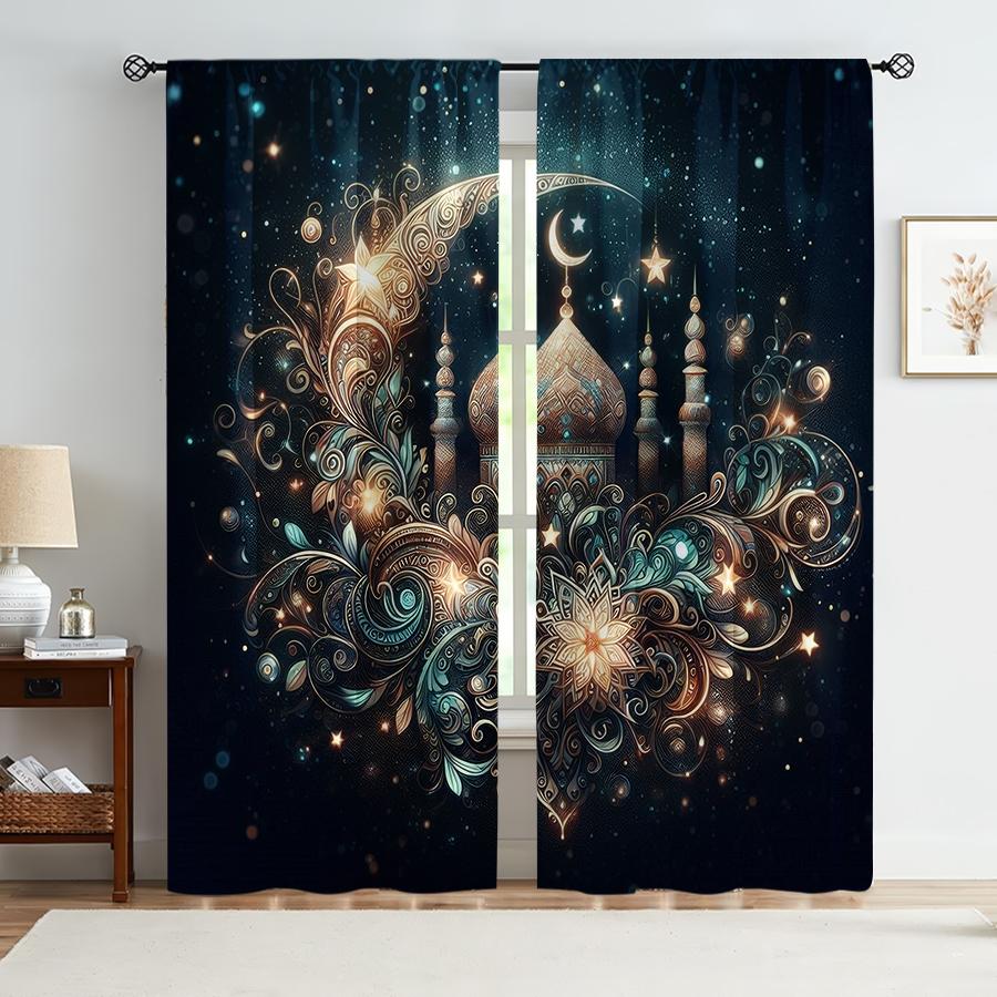 2 Stück Sternenhimmel Vergoldete Islamische Muster Vorhänge, Verträumter Stil, Wohnzimmer und Schlafzimmer, Gardinenstangen-Tasche Dekoration