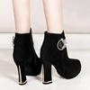 Fashionable Women's Red Wedding Shoes Autumn/winter Fleece-lined Thick Heel Short Boots Cotton Round Head Warm High Heels