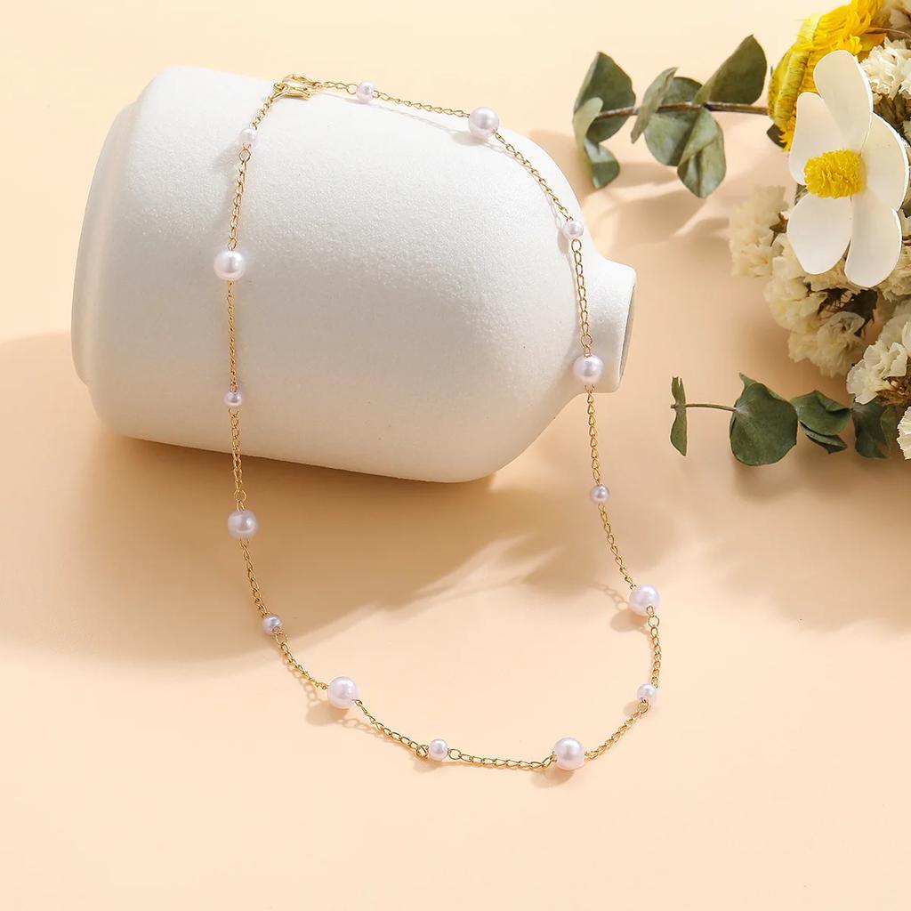 New Fashion Kpop Pearl Gold Color Goth Choker Necklace Cute Double Layer Beads Chain Pendant For Women Party Jewelry Girl Gift