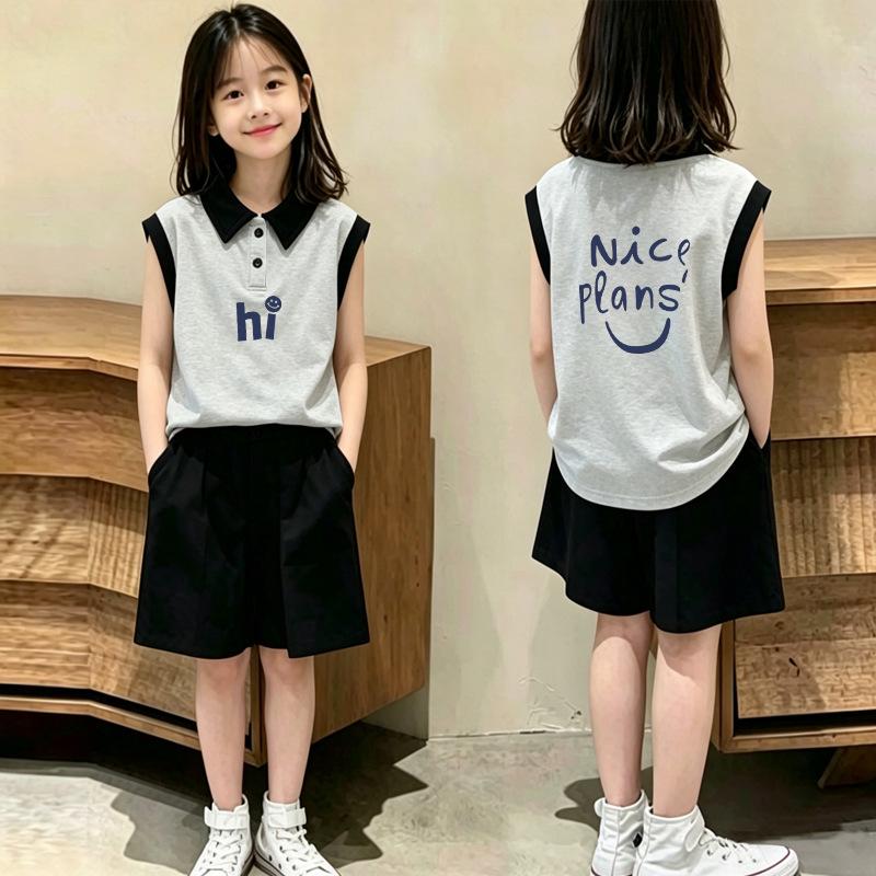 Girls' Fashionable Color Block Sleeveless Polo Vest and Shirt Set - Summer Casual Style for Medium and Large Children