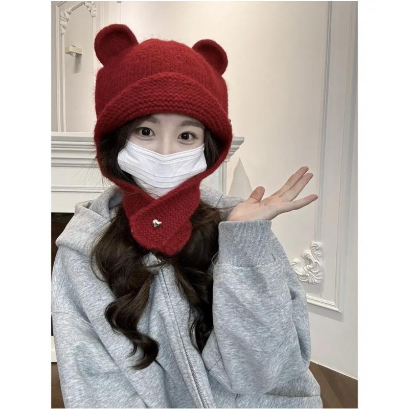 New bear knitted hat fashionable lazy style cute bear ears versatile wool ear protector headgear autumn and winter hat women