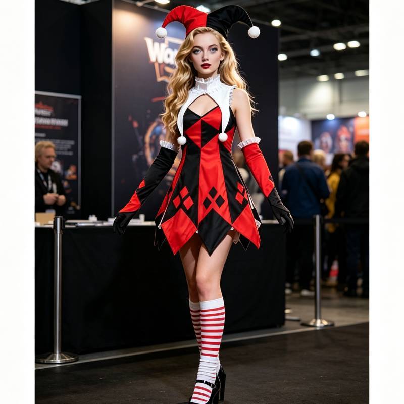 Costum de clovn de Halloween pentru femei din țesătură de poliester cu tematică fantasy pentru spectacol pe scenă
