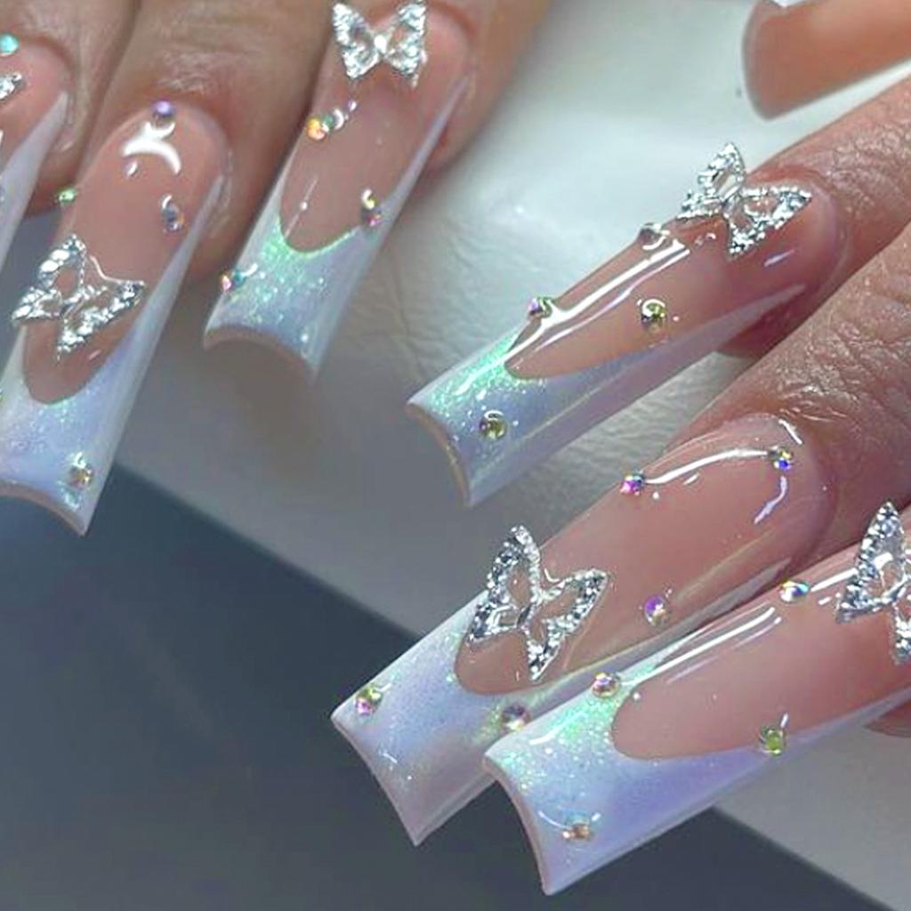 Uñas de Uso Diario Estilo Ins Europeo y Americano Manicura Francesa Larga Mariposa + Parche de Uñas Uñas Postizas