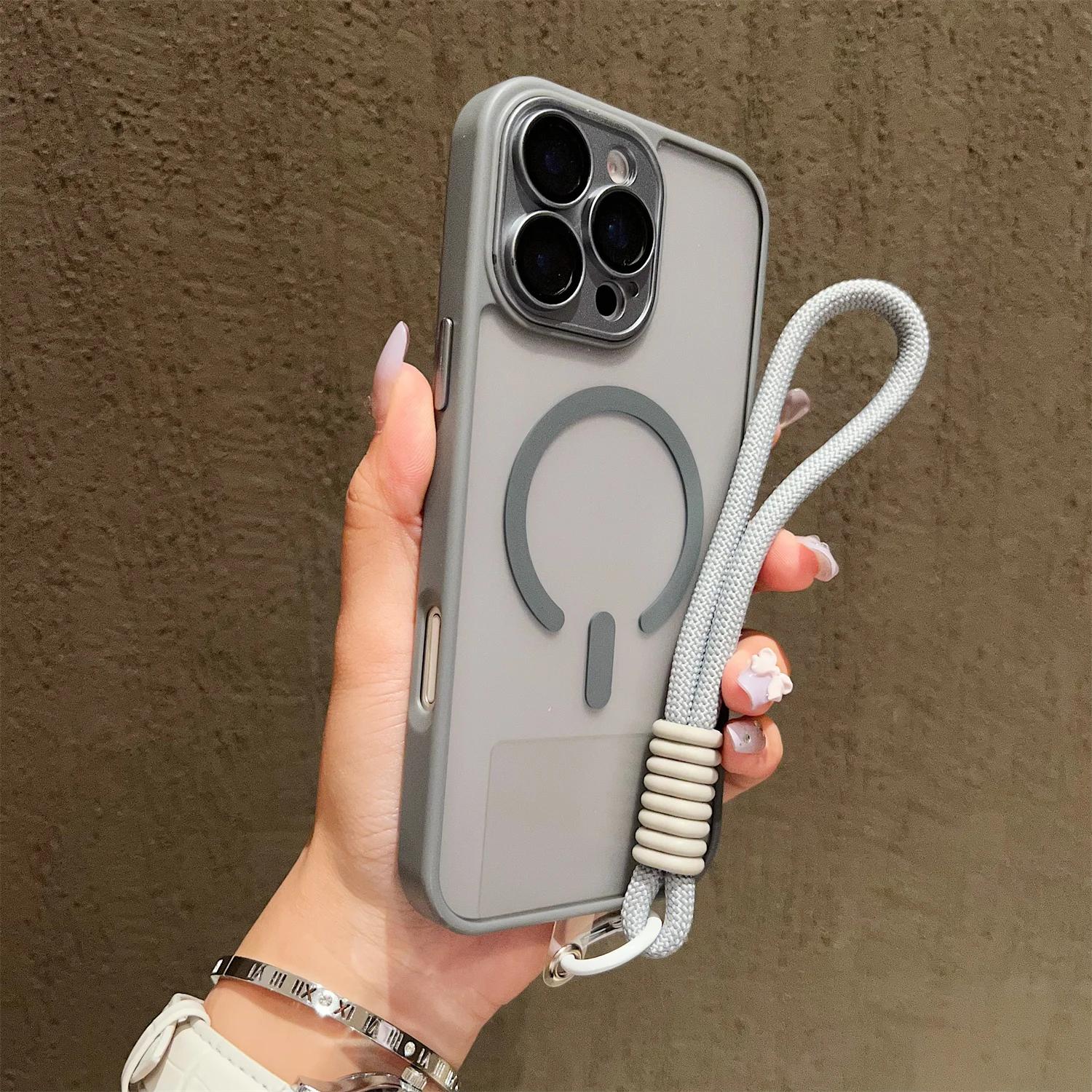 

Ремешок на шею Ремешок на запястье Магнитный чехол Для iPhone 17 16 14 13 Mini 15 12 11 Pro Max Plus Прозрачный Magsafe Ударопрочный бампер Матовый чехол For iphone 17 серый