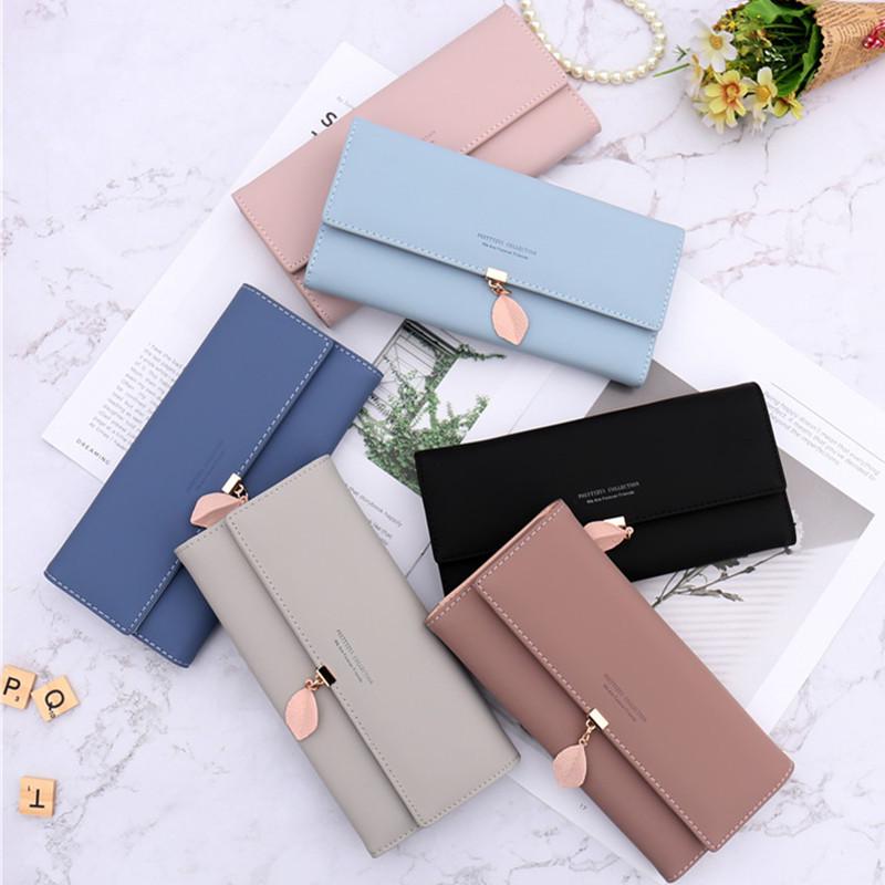 Women Long Wallet Korean PU Leather Leaf Pendant Tri-fold Bag Multi Function Clutch Large Capacity