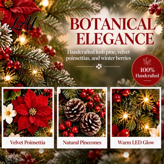 Upside Down Layered Garland Pre-Lit Christmas Teardrop Swag Decoration Lighted Door Wreath with Artificial Pine Lights Poinsettia Cones for
