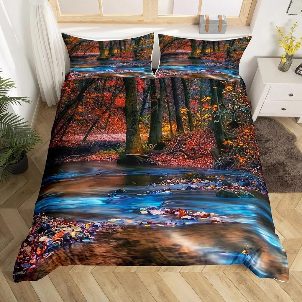 Nature Landscape Duvet Cover Sunset Comforter Cover Lake Landscape Bedding Set Polyester Spring Flower Bedspread Cover King Size