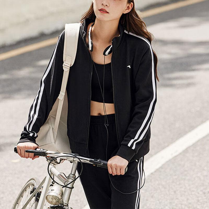 Anta Training Series Striped Logo Stand Collar Long Sleeve Jacket And Pants Casual Sports Set Women Sports Set Basic-Black 962347201-1