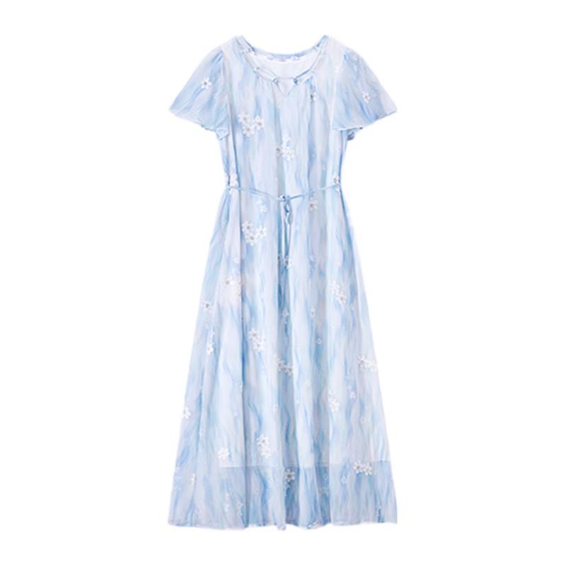 Xiangying Women s Blue Floral Embroidered Short-Sleeve Chiffon Dress M