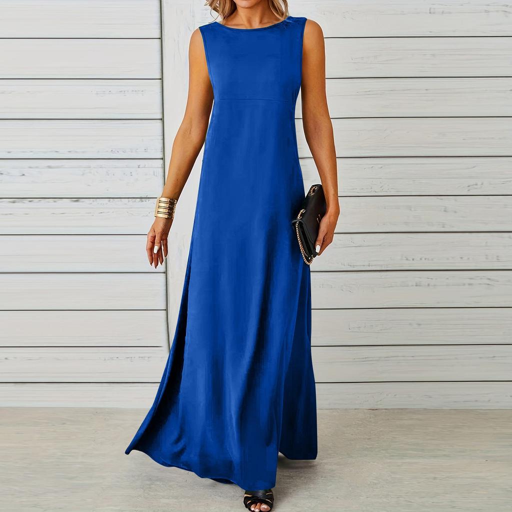 Ladies Fashion Solid Color Sleeveless Dress Long Dress