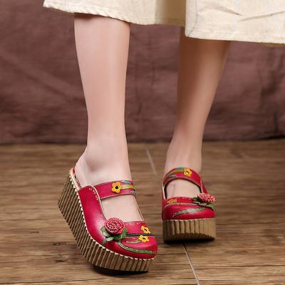 Pantofole con plateau in vera pelle stile etnico Fiore dipinto a mano con zeppa esterna Diapositive Scarpe da donna