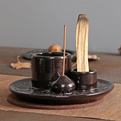 Porte-Palo Santo 4-en-1 Porte-Encens en Céramique Porte-Bougie avec Récupérateur de Cendres Plateau Lotus Brûleur d'Encens pour Bâtonnets Combustion de Sauge Méditation