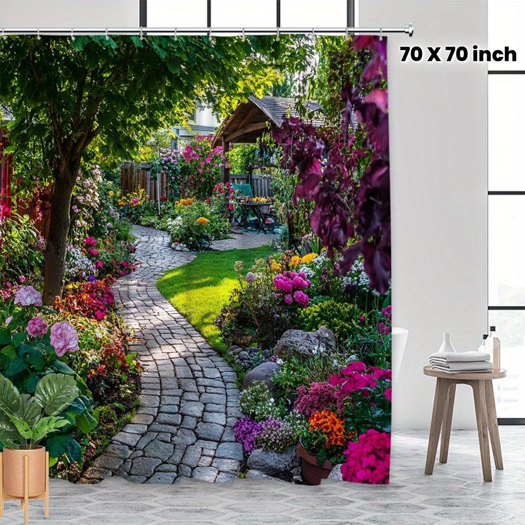 Garden Path Shower Curtain Flower Garden Landscape 3D Printed Waterproof Bathroom Decor Nature Scene Home Textile Art Design
