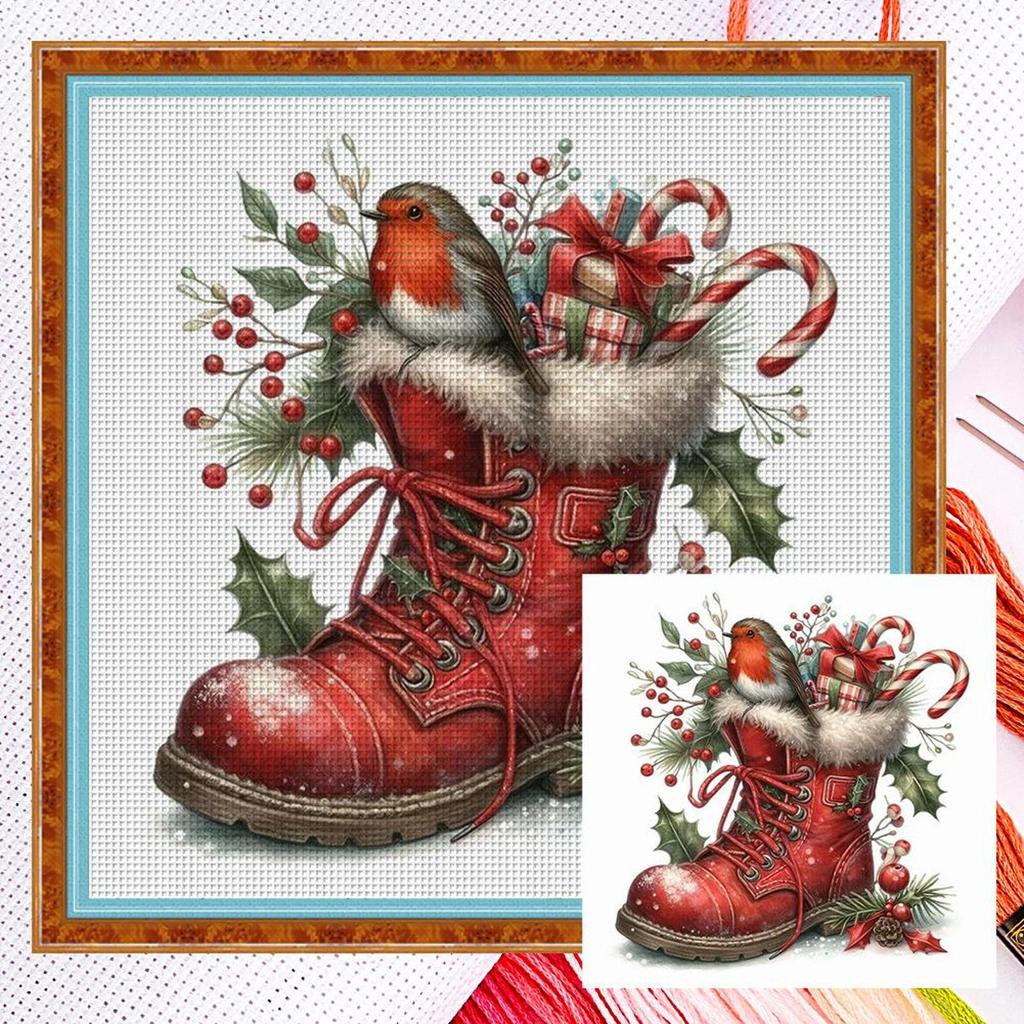 Red Boots Bird Full 11CT DIY Counted Cross Stitch Kits for Adults Home Decor Cross Stitch Patterns Arts Craft Kits 15.75x15.75in