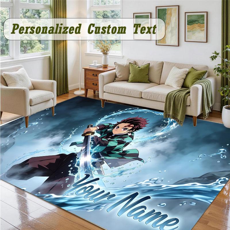 Crystal Velvet Square Rug Custom NameDemon Slayer Pattern Non Slip Home Floor Decor Rug