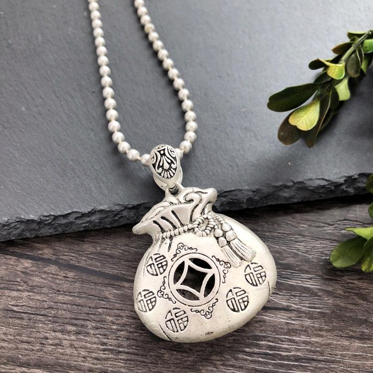 Vintage Thai silver long necklace flower pendant simple long sweater chain accessories women