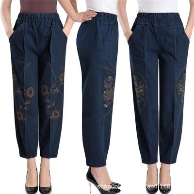 Middle-aged and Elderly Trousers Large Size Embroidered Jeans Women's High Waist Elastic Loose Lantern Jeans for Women