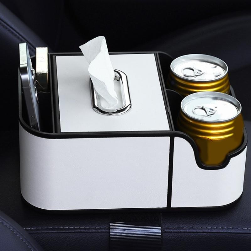 Car Interior Storage Box Leather Organizer Tray Car Center Console Armrest Extra Storage Box Tissue Holder 2 Cup Holders