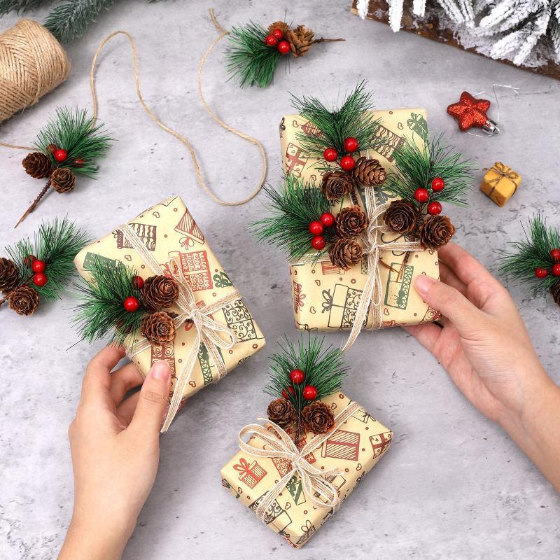10Pcs Christmas Simulation Berry Pine Branch Decoration Christmas Pine Holly Branch Decor Home Holiday Decor GiftBox Accessories