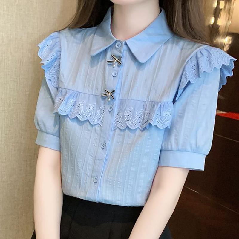 Summer 2025 New Women's Cotton Shirt Western Style Niche Short-sleeved Lace Blouse 925