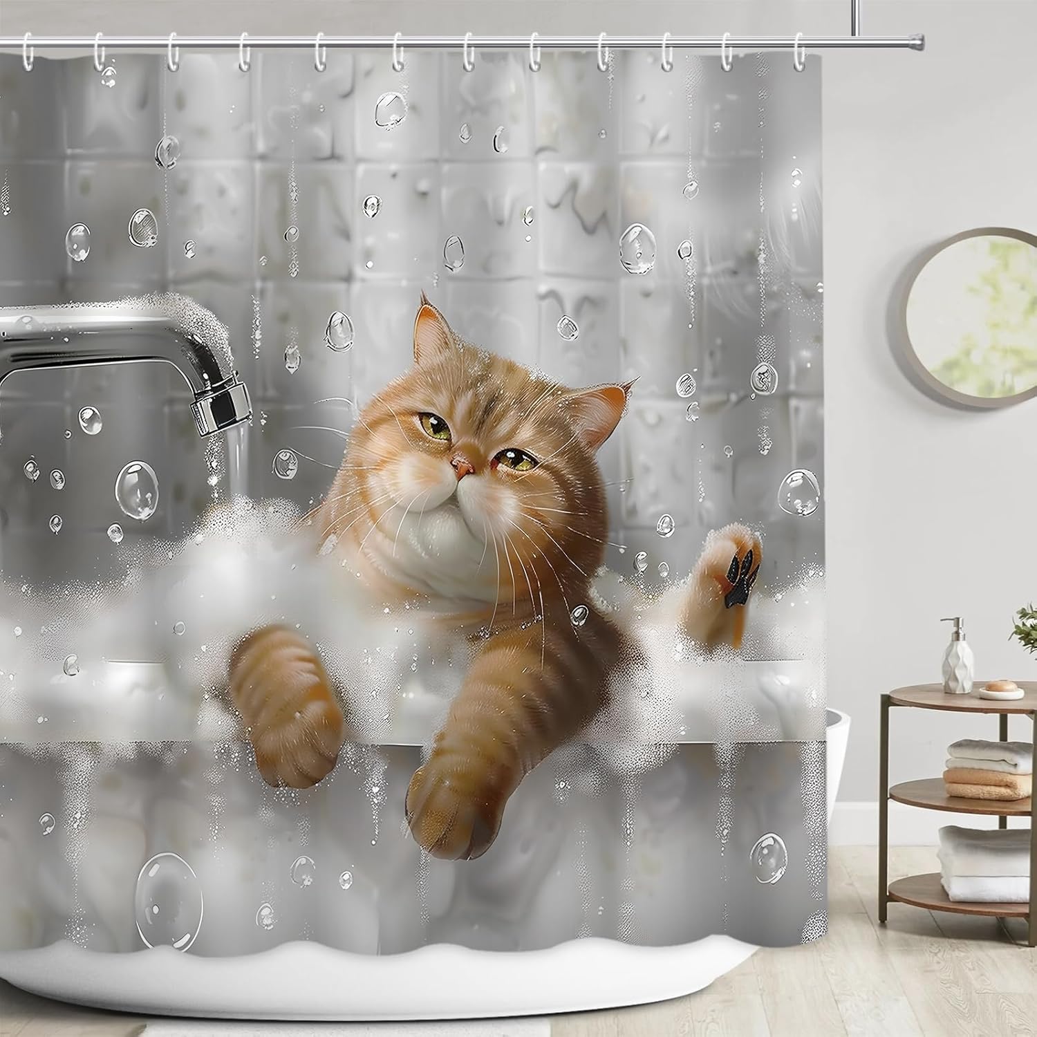 

Cute Cat Shower Curtain For Bathroom Decor,Spring Pink Funny Animal Kitty Pet Fruit Theme Bathroom Curtain Set,Waterproof Fabric W60H190(CM)-1 Pcs