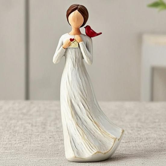 Hand Painted Girl Bird Figurine Resin Red Bird Standing on Girl's Shoulder Statue Sympathy Gifts for Loss of Loved One