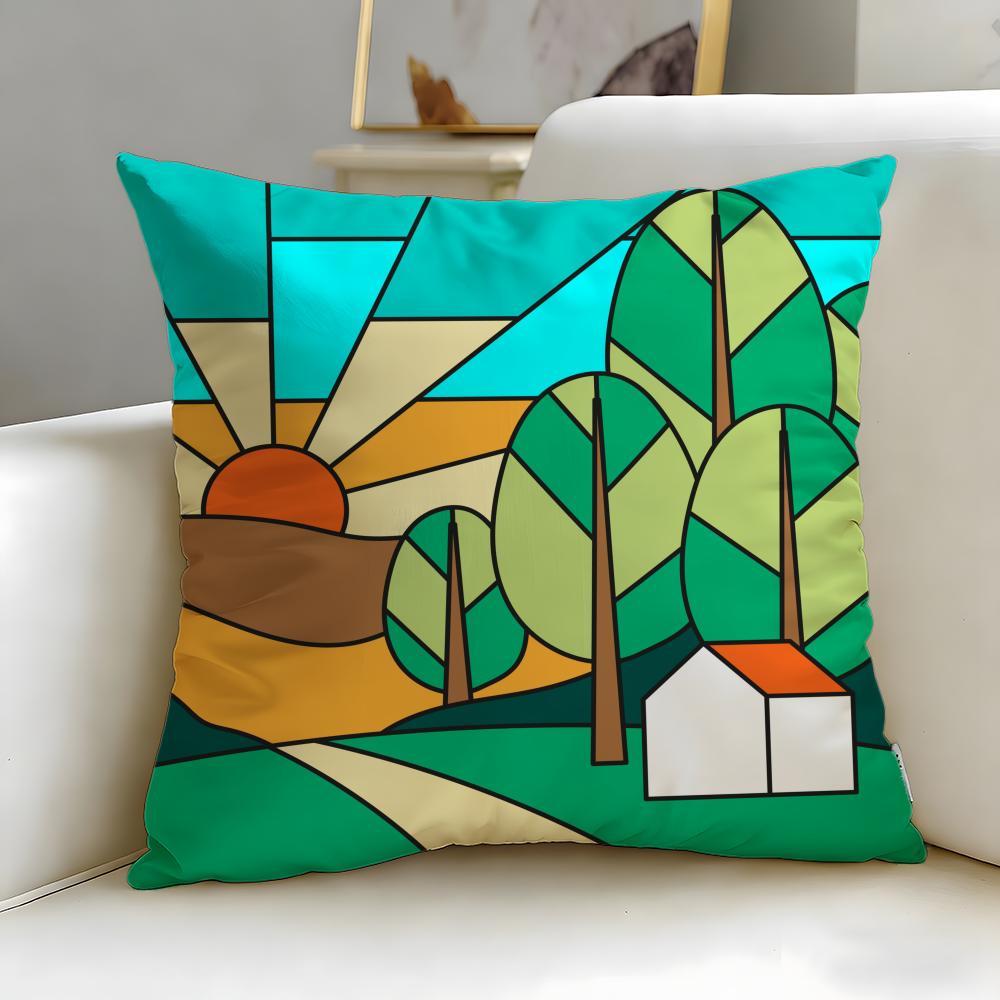 art Colorful Geometric Landscape Cushion Cover Soft  EasyWash Pillow Case  Versatile for Couch Bed Travel and Office