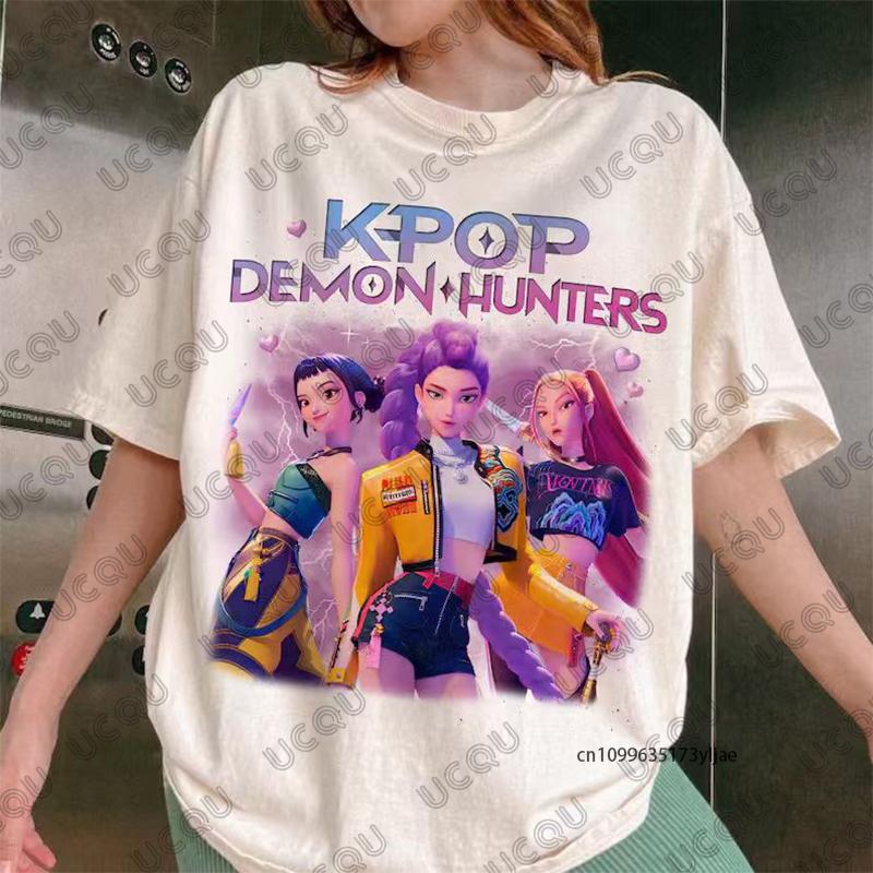 Hot Sale K-Pop Demon Hunters Print Cotton T-shirt For Women Summer Short Sleeve O-neck Tees Casual Streetwear Couple Tops