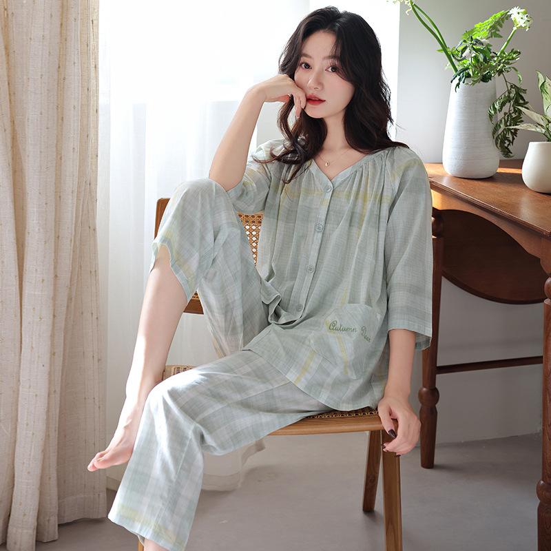 Pajamas women's summer woven pure cotton seven-quarter sleeve gauze cotton thin middle-aged mother spring and autumn loungewear suit