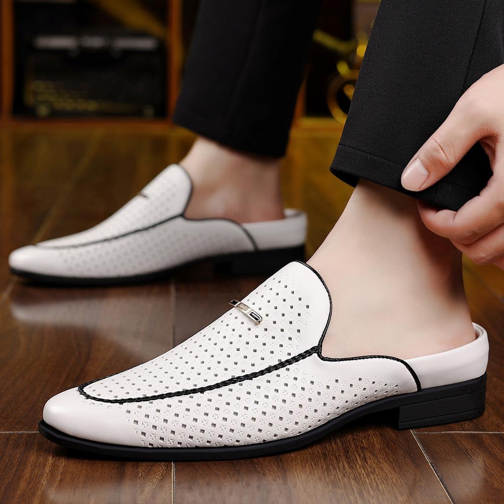 New Men's Blue Yellow Red Half Slippers Leather Shoes Male Casual Mules Moccasins Breathable Loafers Zapatos Hombre