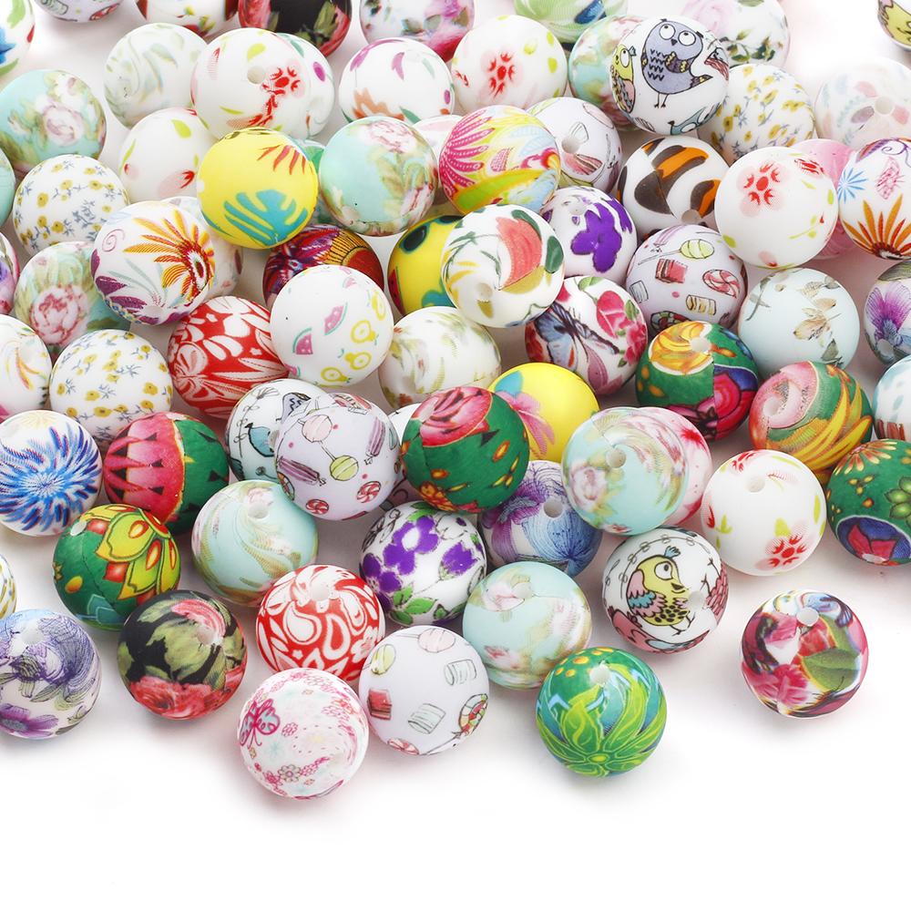 10Pcs 15mm New Silicone Beads Round Print Colorful Spacer Beads Food Grade Baby Nursing Necklace Pacifier Chain Teether Toys