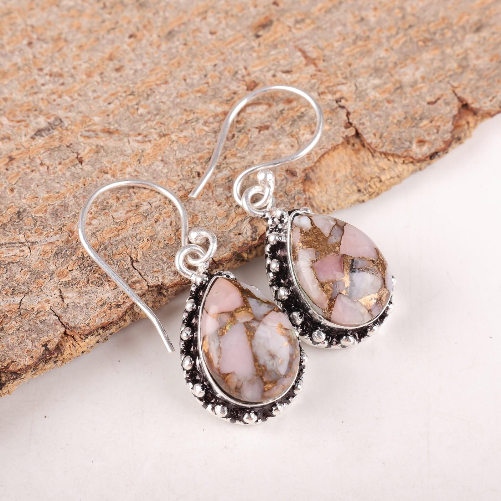 

Натуральный розовый опал бирюза драгоценный камень 925 стерлинговое серебро ювелирные изделия серьги 1,41 EE-97-39