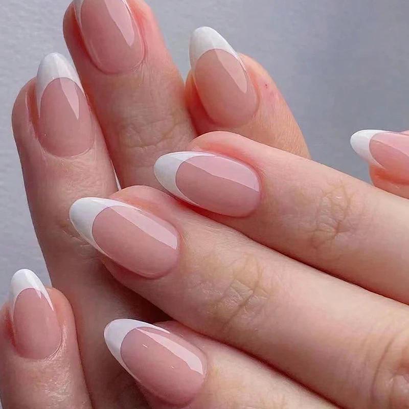 120/240/360Pcs/Box Glossy Soft Gel Pink French Nail Tips Medium Almond White Simple Press On Nails Huge Capacity False Nails