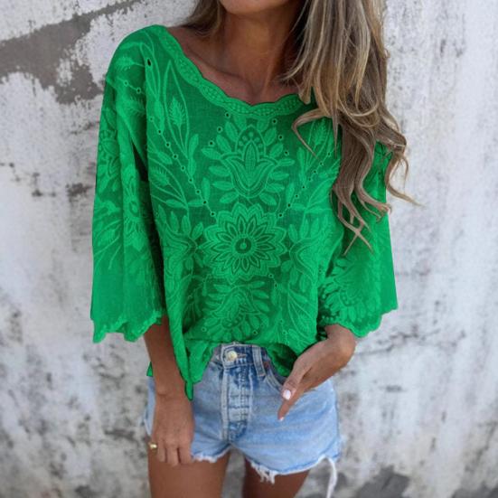 Yousheng Women Tops Round Neck 3/4 Sleeves Lace Decorated Loose Fit Casual Shirt Solid Color Breathable Irregular Tops