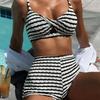 Black White Striped High Waist Bikini Female Swimsuit Women Swimwear Two-pieces Bikini Set Shorts Bather Bathing Suit Swim V6626