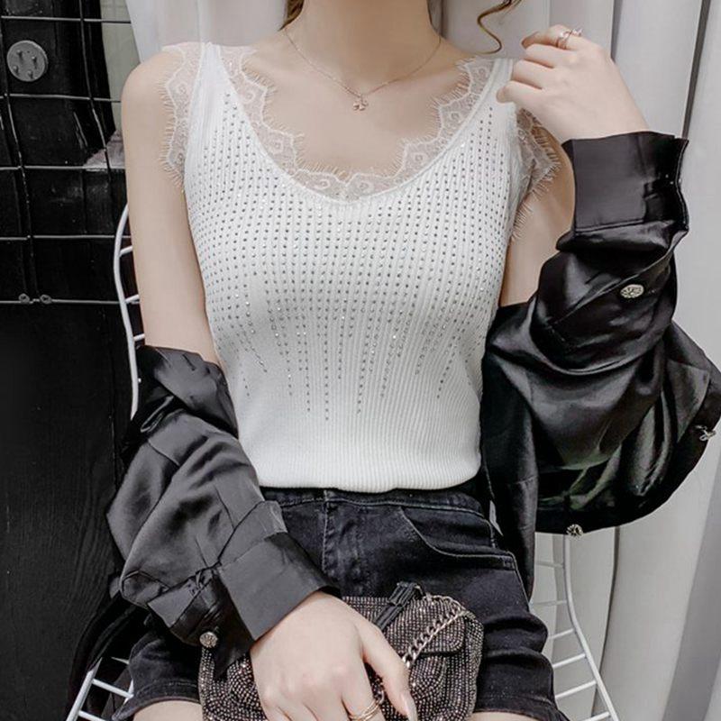 Women Spring Summer Curly Beads Lace V Neck Knit Camisole Sleeveless Diamond Outer Wear Tank Tops
