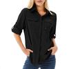 Camicia da donna color cachi a maniche lunghe con tasche sul petto e laccetti sui polsini