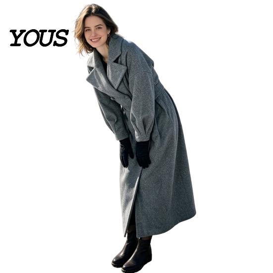 Cappotto Casual Lungo Donna Lana per Autunno Inverno, Soprabito Autunno Inverno con Maniche a Lanterna e Bavero a Tacca, Trench Doppiopetto con Tasche Abbigliamento