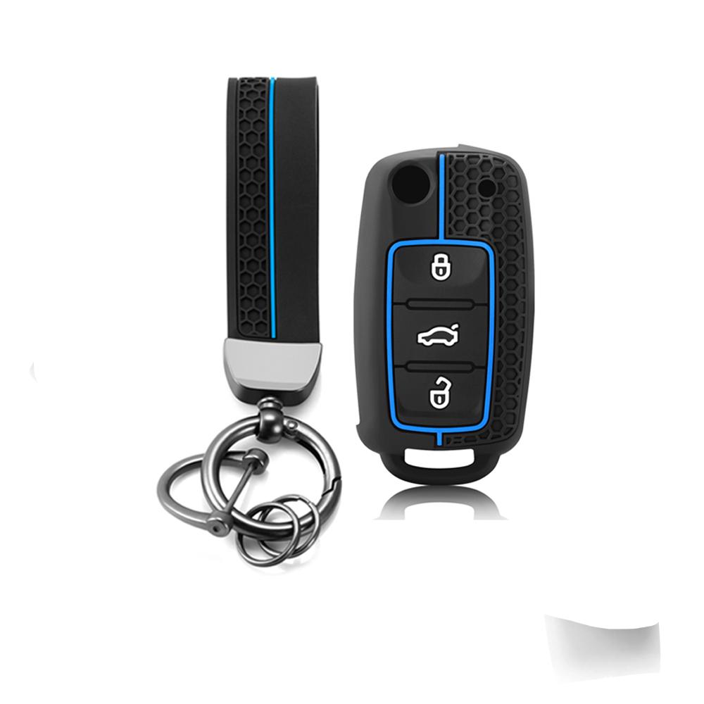 

Силиконовый чехол-книжка для ключа-брелока с цепочкой для ключей для VW Golf MK6 Jetta Tiguan Polo Passta (02-08) 3-кнопочный складной пульт дистанционного управления для Skoda синий
