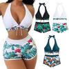 Set Costum de Baie Bikini pentru Femei Sexy cu Talie Înaltă, Șort de Plajă, Legare cu Fundă la Spate, Lenjerie Fără Spate, Stil Tropical, Articole de Plajă pentru Înot și Surfing