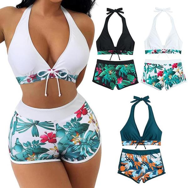 Set Costum de Baie Bikini pentru Femei Sexy cu Talie Înaltă, Șort de Plajă, Legare cu Fundă la Spate, Lenjerie Fără Spate, Stil Tropical, Articole de Plajă pentru Înot și Surfing