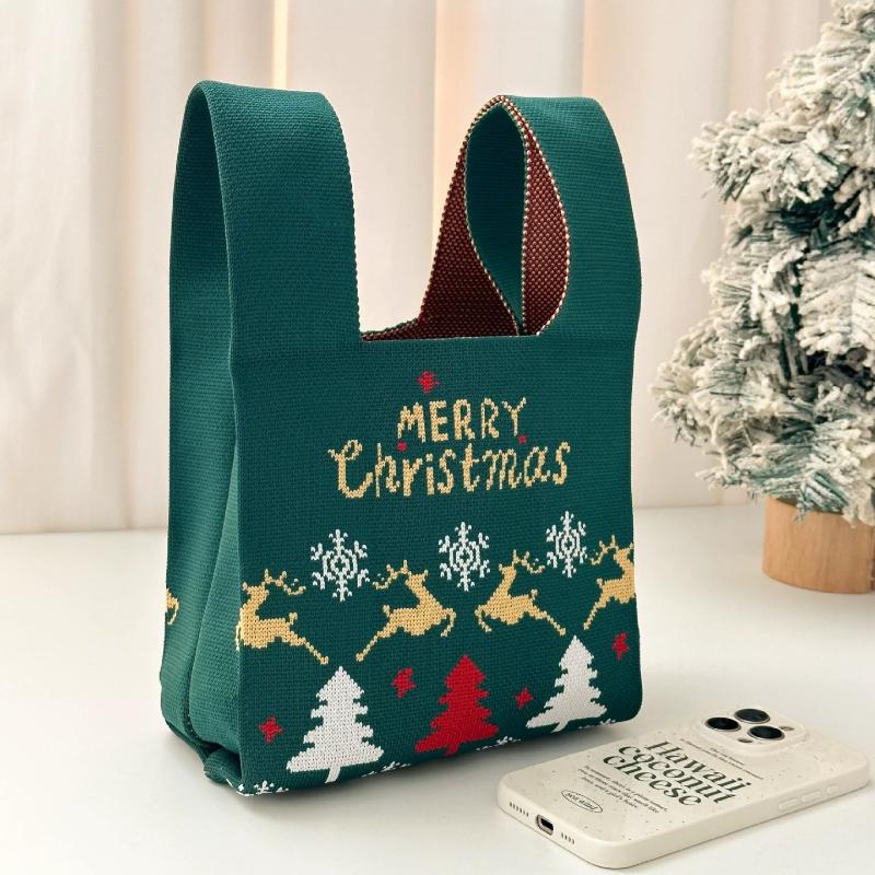 Christmas Holiday Themed Spandex Tote Bag -Large Capacity Knitted Gift Bags with Santa and Tree Patterns for Festive Gift Giving