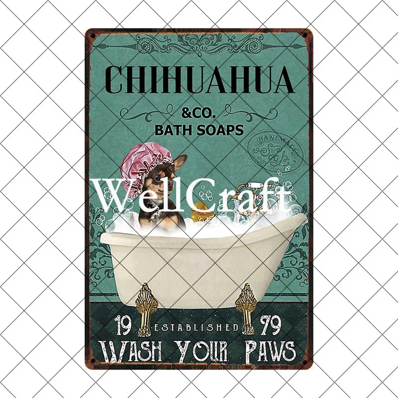 [ Wellcraft ] Chien Chihuahua Animal de Compagnie Sous la Douche Vin Bain Boutique Art Métal Étain Panneau Mur Poster Peinture Fer Pub D-04 20*30 CM