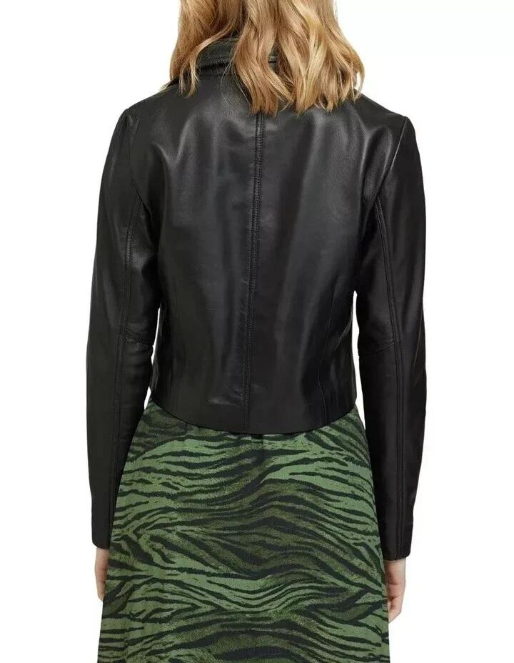 Black Leather Blazer Women Pure Lambskin Cropped Jacket Handmade New Fashionable