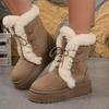 Women'S Mid-Calf Snow Boots with Thick TPR Sole - Brown Faux Fur Lined, Lace-Up Winter Boots for Cold Weather, Round Toe Design, Durable & Comfortable