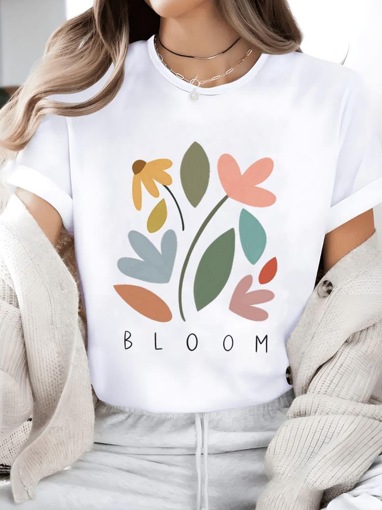 (Asian Size) Watercolor Flower Trend 90s Print Short Sleeve T-shirts Fashion O-neck Female Casual Women's Top T Clothing  Graphic Tee