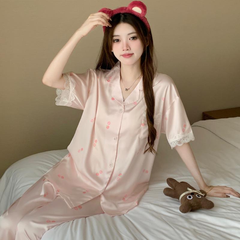 Ice Silk Pajamas Women'S Summer High-End Sweet Cherry Short-Sleeved Trousers Loungewear Set