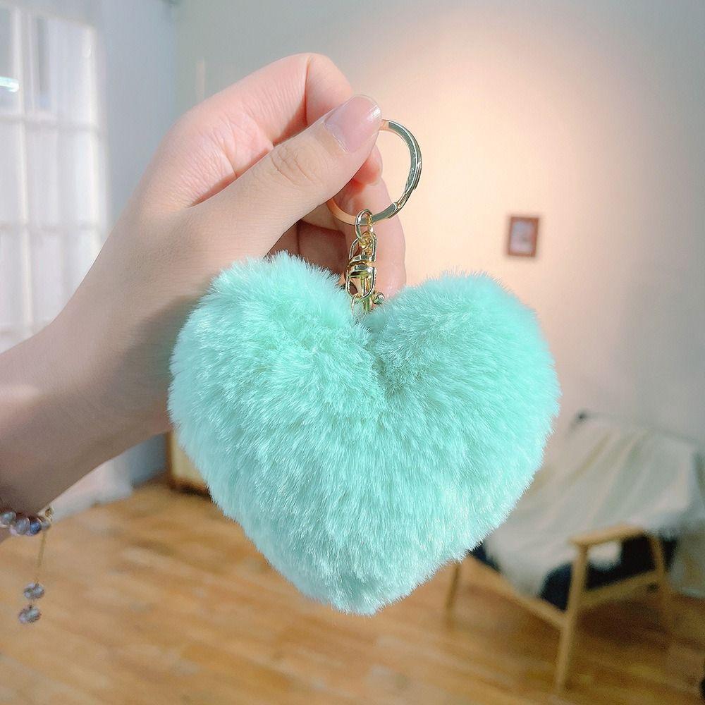 Love Heart Plush Bag Pendant Fluffy Ball Car Key Ring Imitation Rabbit Fur Solid Color Key Chain Bag Accessories